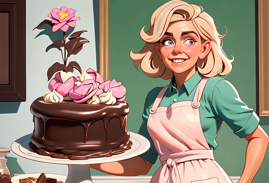 Woman joyfully decorating a freshly baked German chocolate cake, wearing a vintage apron, retro kitchen with pastel colors..
