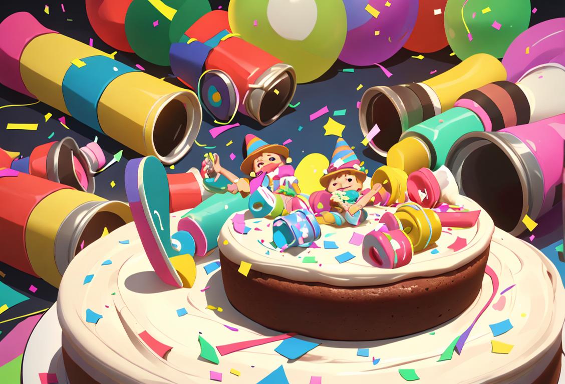 A person wearing mismatched socks, holding a lopsided cake with a tilted party hat, surrounded by overturned cans of silly string and confetti..