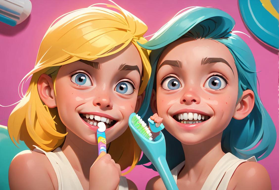 Happy children with bright and healthy smiles, holding toothbrushes and toothpaste, in a colorful and playful dental office setting..