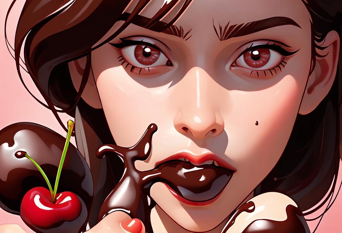 A close-up shot of a mouth-watering chocolate covered cherry, glistening with a velvety chocolate coating, surrounded by a bouquet of fresh cherries..