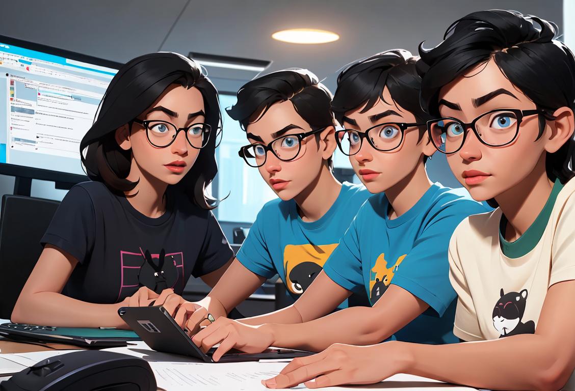 A group of diverse individuals, wearing trendy tech t-shirts and glasses, coding together in a modern office setting..