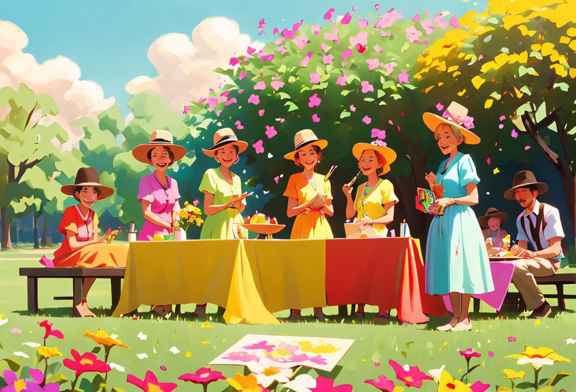 A cheerful group of friends enjoying a beautiful outdoor picnic, dressed in colorful summer attire, surrounded by vibrant flowers and holding placards with 'No Tobacco Day' written on them..