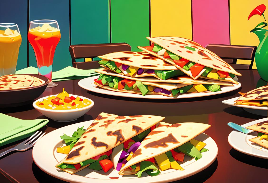 Happy people gathered around a table, enjoying delicious quesadillas, vibrant colors, Mexican fiesta decorations..