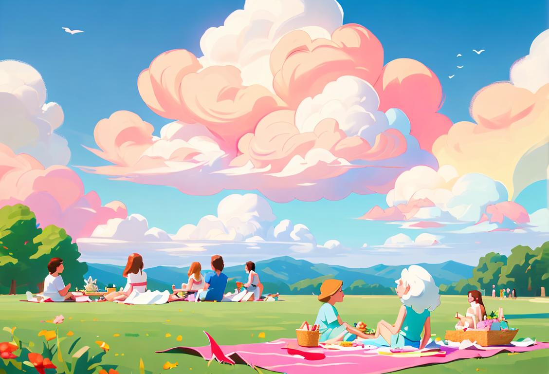 Fluffy white clouds floating in a clear blue sky, overlooking a colorful picnic scene with people wearing summer outfits and enjoying the outdoors..