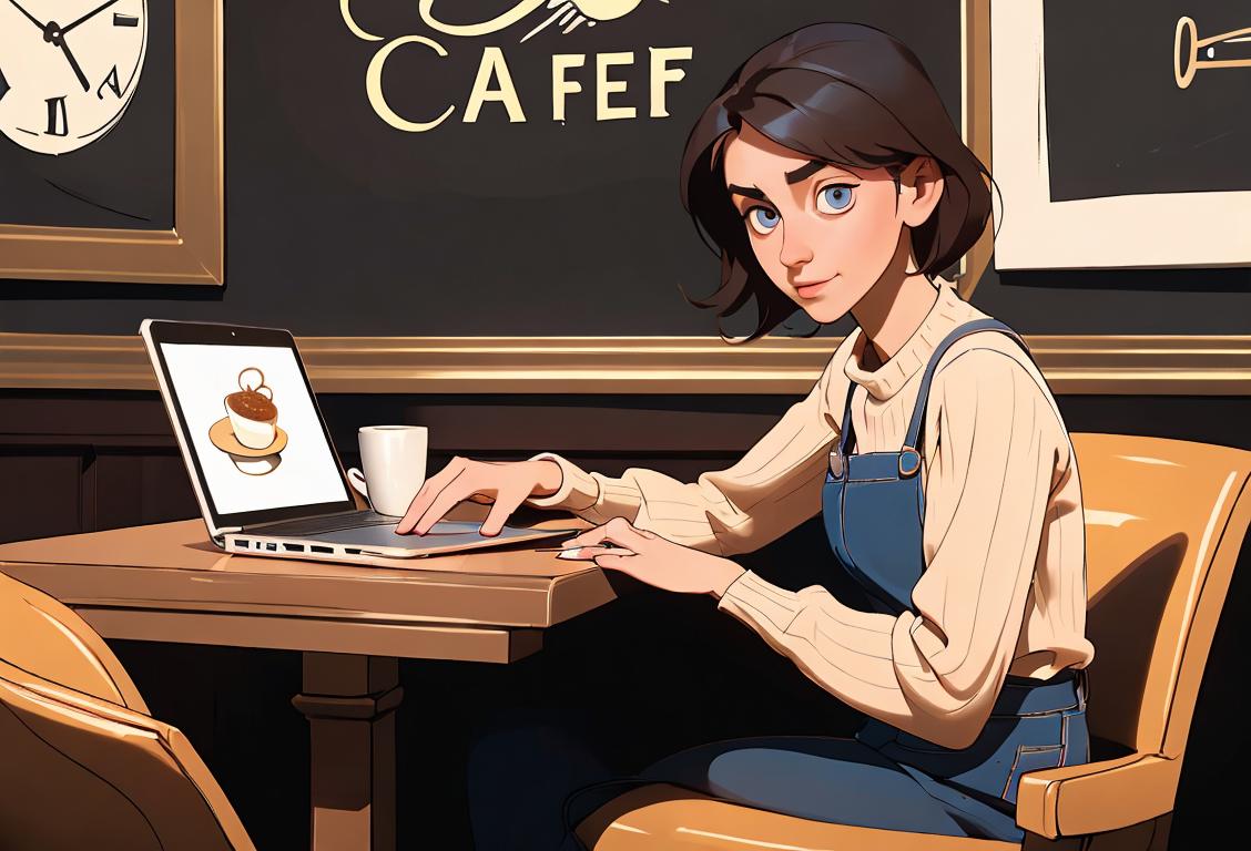 A person seated in a cozy cafe, wearing a casual outfit, typing on a laptop, surrounded by lowercase letters as decor..