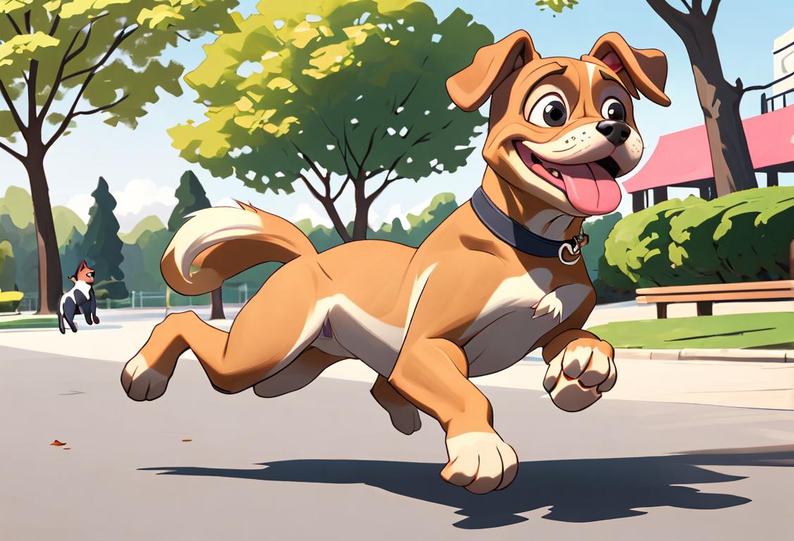 Happy dog jumping with excitement, wagging its tail, while a person in trendy casual attire smiles with joy in a park setting..