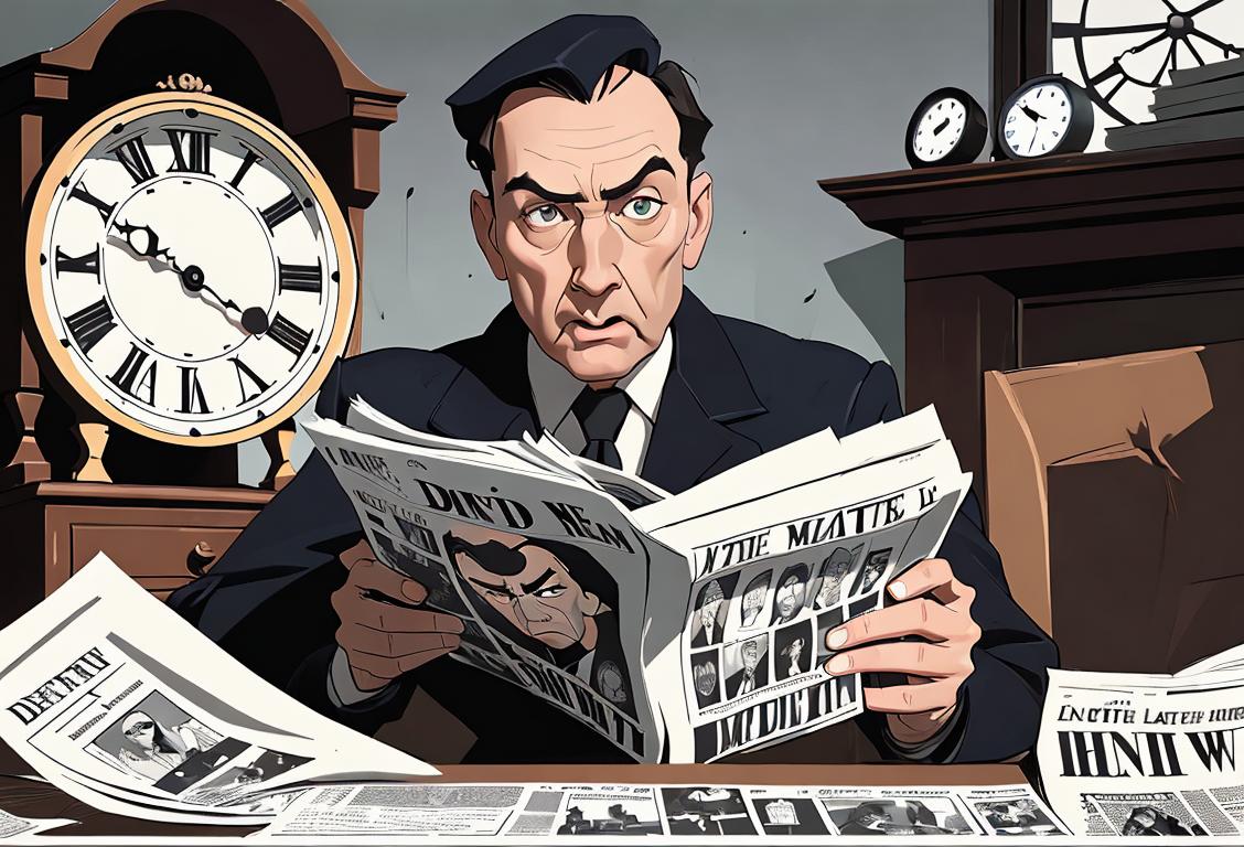 Person reading newspaper, surprised expression, surrounded by clock faces, symbolizing the late briefing on National Lockdown Day..