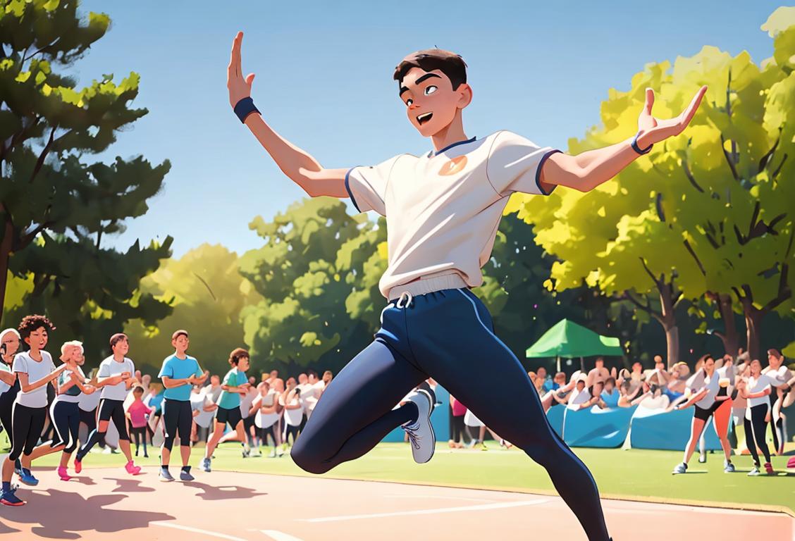 Young man in athletic wear, doing jumping jacks, surrounded by a park full of people exercising, promoting health and fitness..
