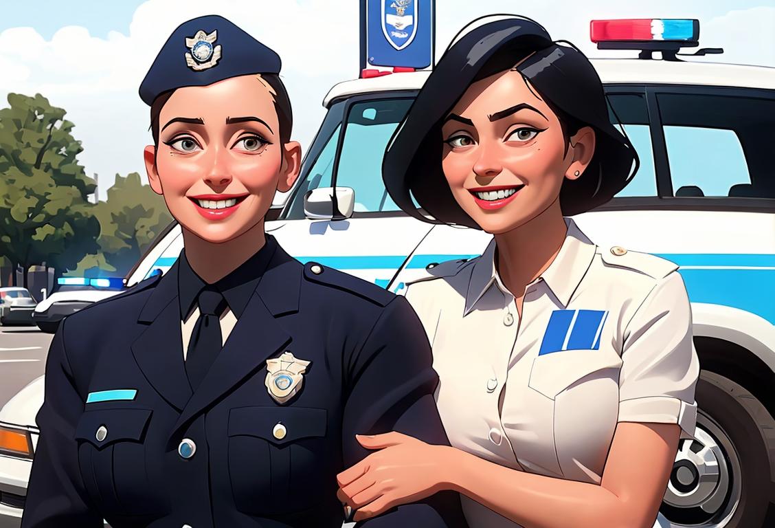 A smiling police officer embracing his loving wife, both dressed in their official uniforms, standing in front of a police car..