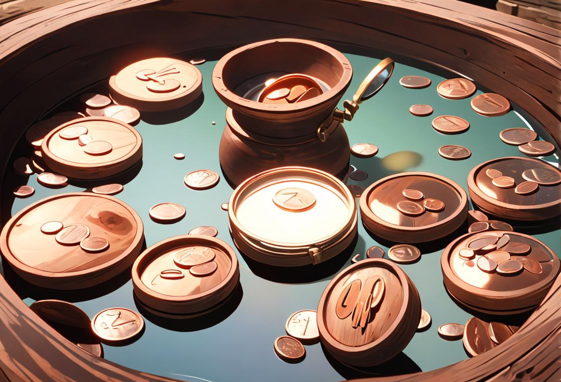 A close-up image of various pennies scattered on a rustic wooden table, with a magnifying glass and a history book in the background..