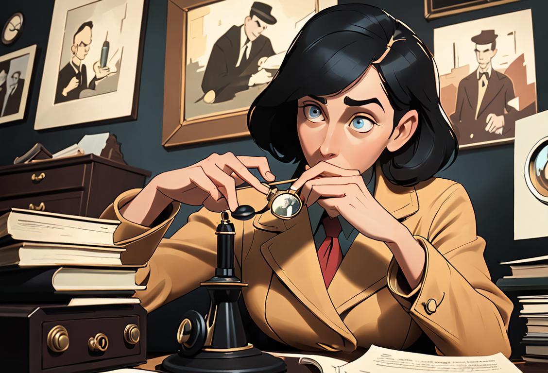 A person wearing retro clothing, holding a magnifying glass, in a vintage detective office, with a stack of serial novels nearby..