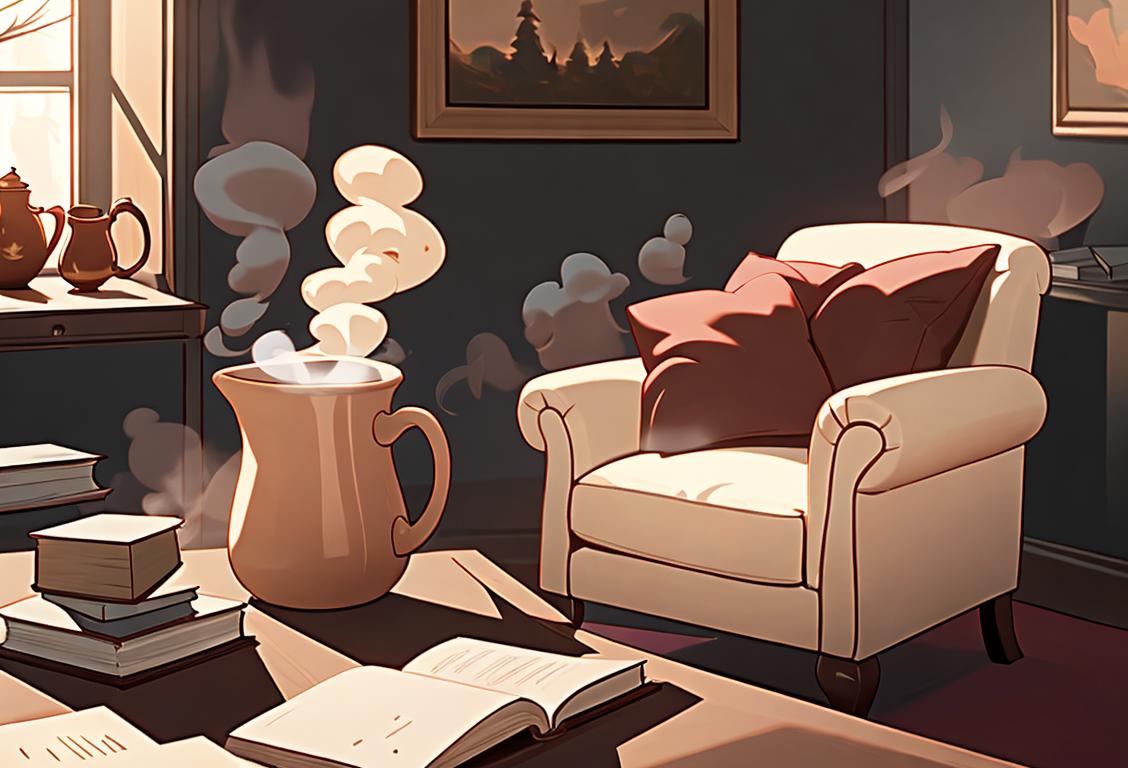 A cozy corner with a comfy chair, a pile of books, and a steaming mug of hot cocoa..