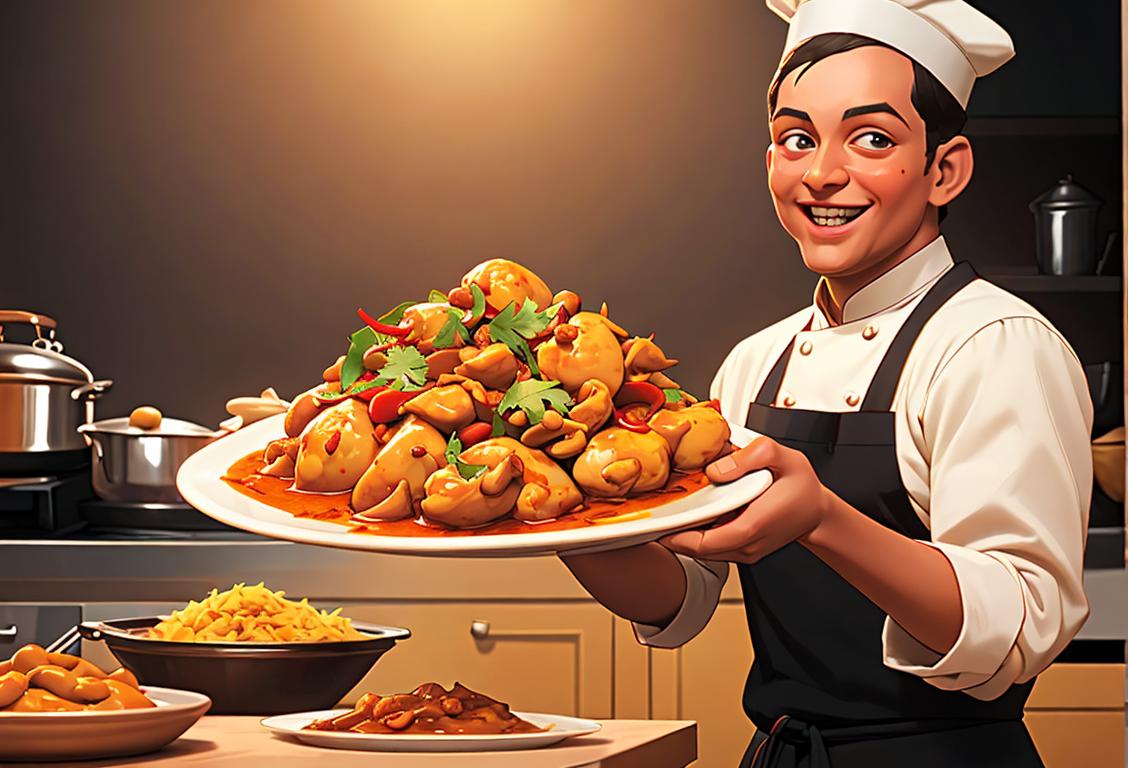 Delighted person holding a plate of curry chicken, wearing a chef's hat, vibrant spices and kitchen utensils in the background..