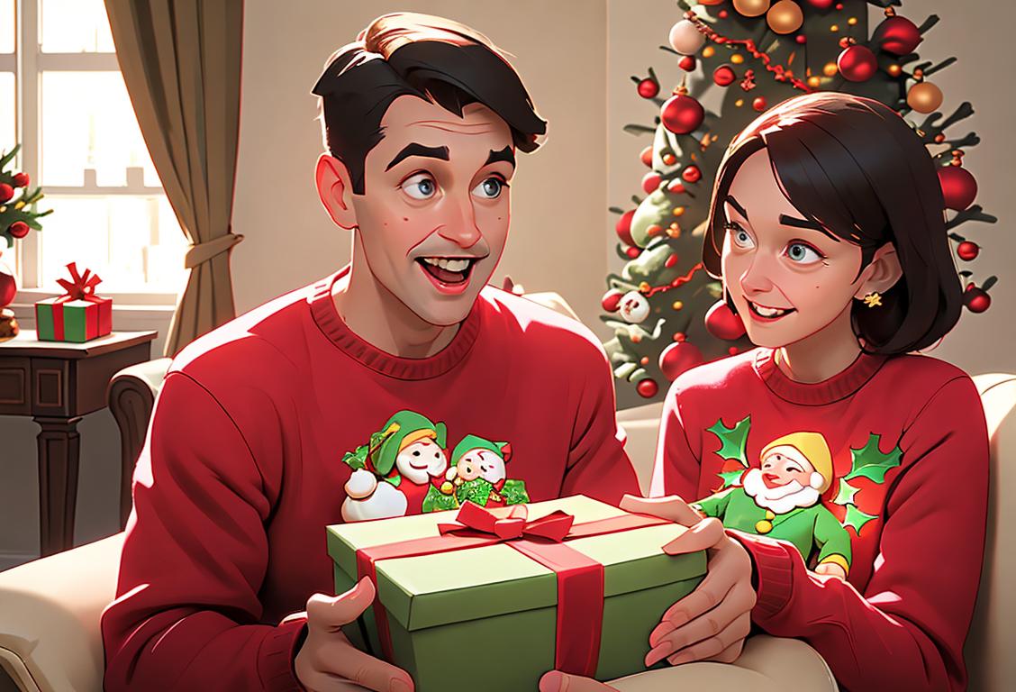 Families joyfully wearing bright, patterned xmas jumpers while happily decorating a cozy living room with holiday-themed decor..