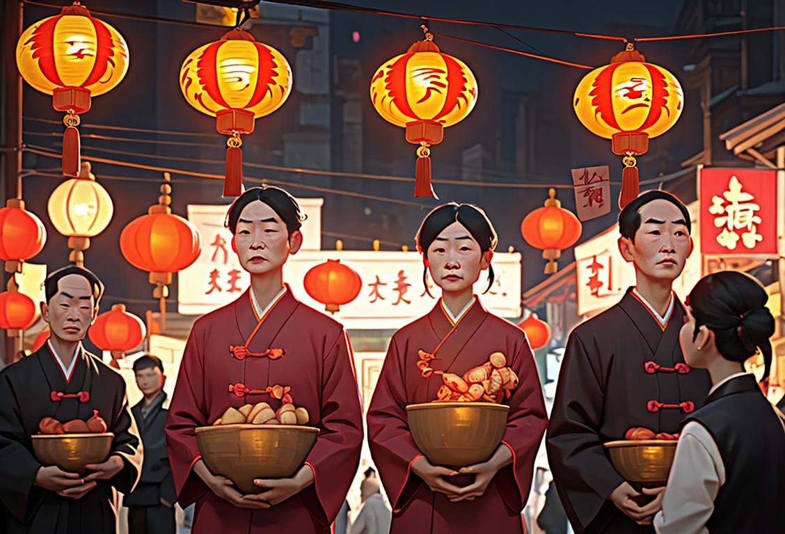 A group of Chinese immigrants in traditional clothing, gathering in front of a vibrant Chinatown street, holding lanterns and celebrating their culture..