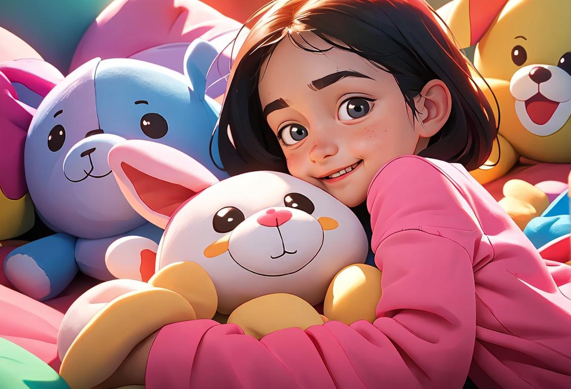 A joyful child hugging a stuffed animal, surrounded by colorful toys and wearing a cute pajama set..