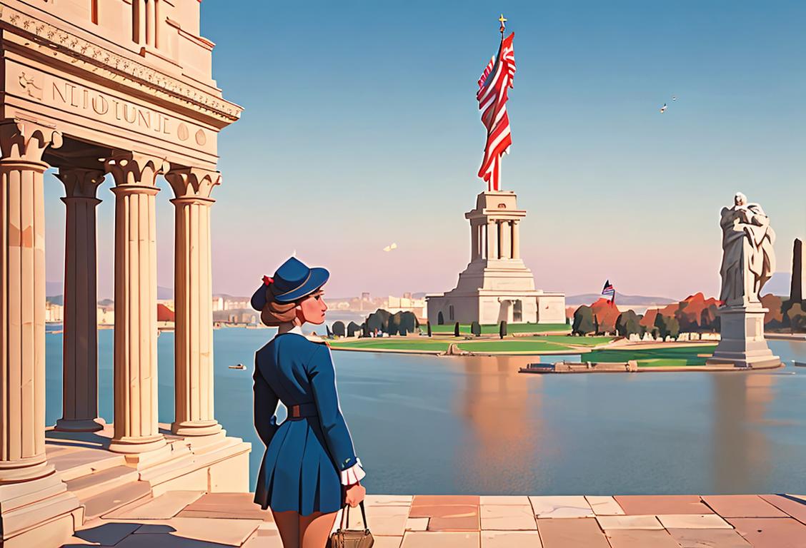 Explore national monuments and places of significance on Independence Day. A young woman admiring historical landmark, wearing patriotic attire, vibrant cityscape in the background..