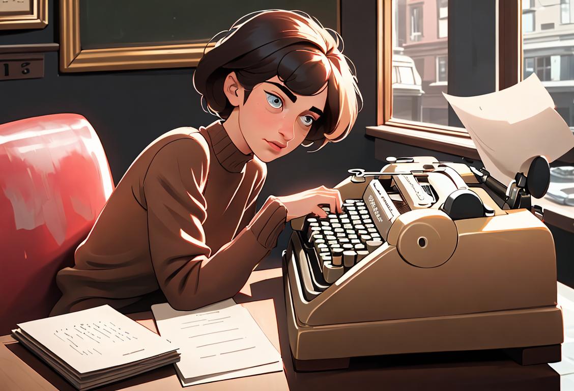 A person wearing a cozy sweater, sitting in a cafe, typing a complaint on their vintage typewriter..