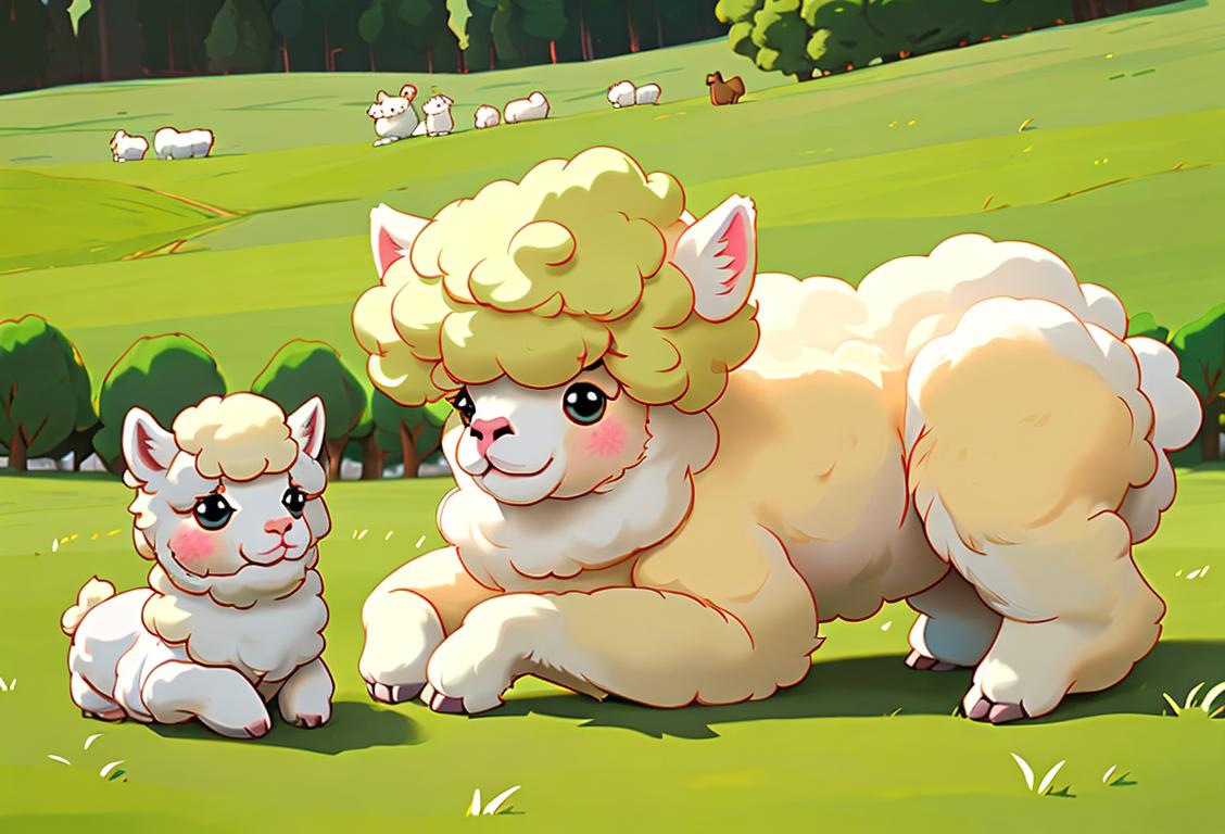 Cute child feeding an alpaca with fluffy fleece, wearing a cozy sweater, surrounded by rolling green pastures..