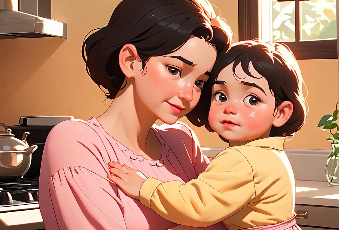 Cherubic child embracing mother, wearing matching flowery dresses, cozy home setting with sunlit kitchen..