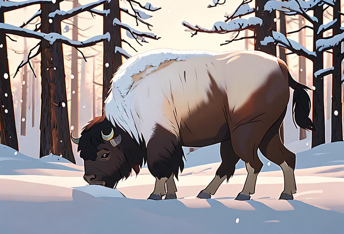 A brave soul embracing a bison, wearing cozy winter attire, surrounded by a tranquil snowy forest..