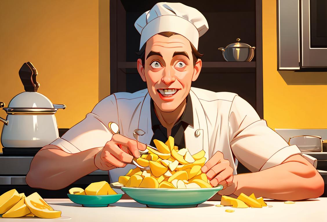 Happy person holding a plate of potassium-rich foods, wearing a chef hat, colorful kitchen setting..