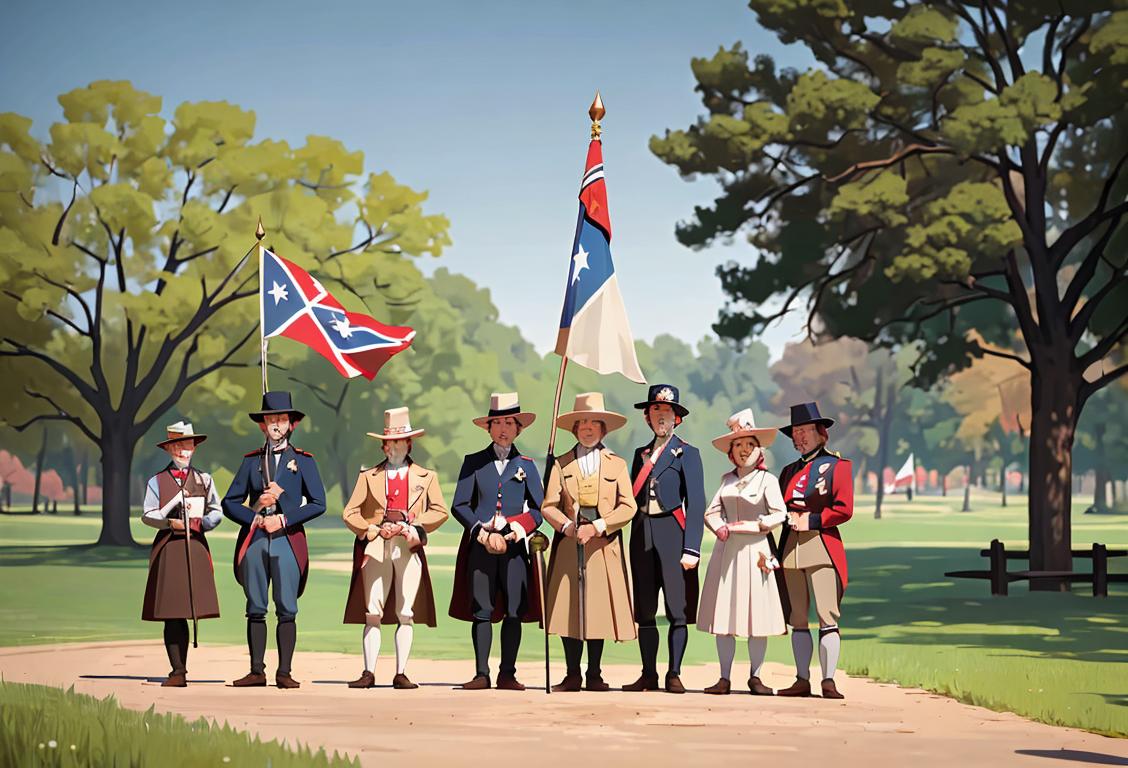 A diverse group of people, dressed in period costumes, holding Confederate flags in front of a picturesque national park backdrop, representing the first Confederate Flag Day..