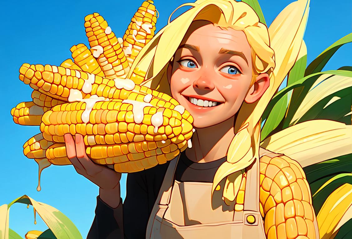 Happy person holding a husk of corn with melted butter dripping down, wearing a colorful apron, farm setting with a bright blue sky..