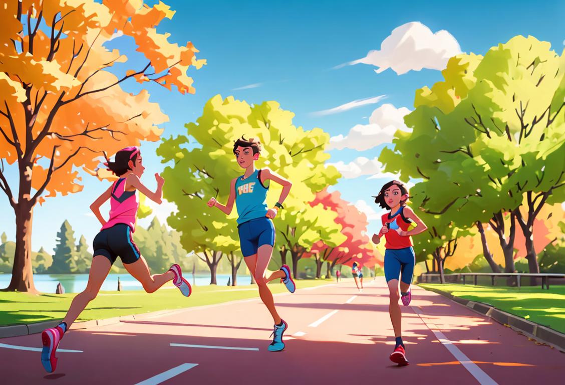 Image prompt: A group of distance runners wearing brightly colored running shoes, running shorts and tank tops, running through a scenic park with trees and a lake in the background.