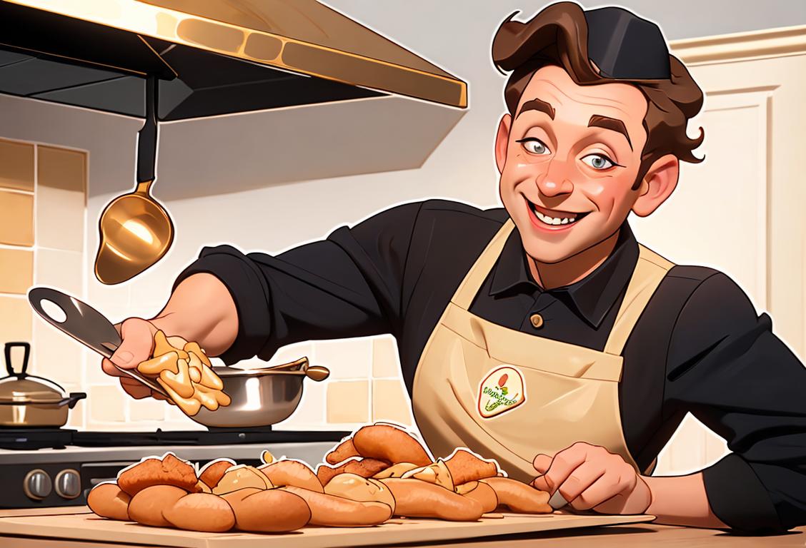 A joyful person with a big smile, wearing a chef hat and apron, frying golden wiener schnitzel in a bustling kitchen..