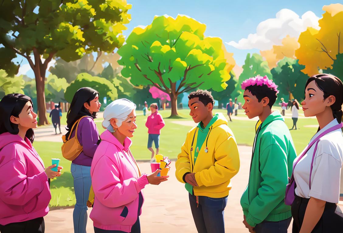 A diverse group of people engaged in various community activities, wearing colorful clothing, enjoying nature and connecting with each other..