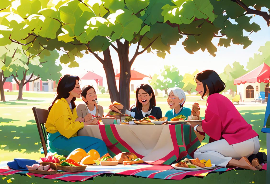 A group of diverse friends enjoying a delicious lunch outdoors, with a spread of mouthwatering dishes and colorful picnic blankets, creating a vibrant and festive scene..