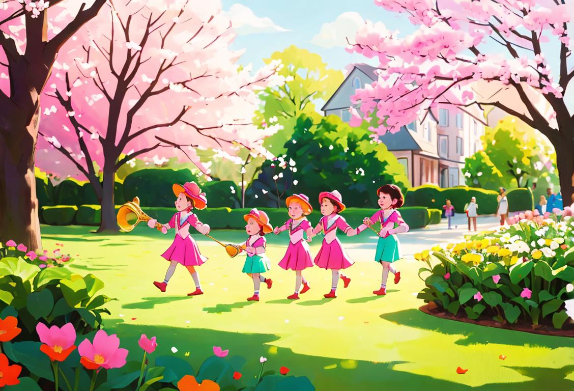 Young children marching in a colorful parade through a blooming spring garden, wearing matching outfits and carrying musical instruments..