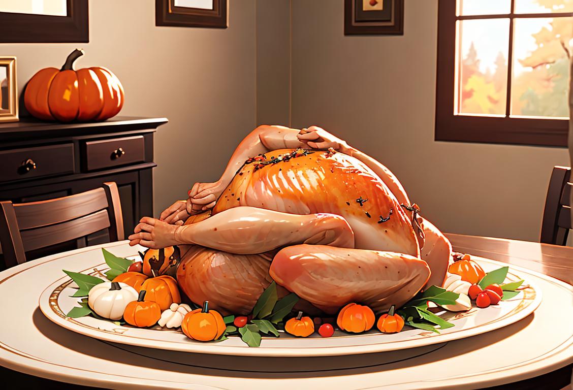 Cooked turkey centerpiece surrounded by smiling family members, autumn-themed decor, cozy dining room setting..