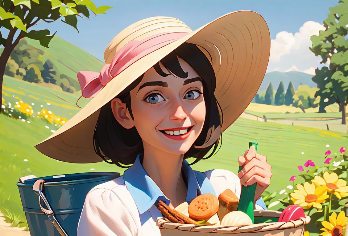 Joyful person holding a bucket with a whimsical smile, wearing a sun hat, countryside picnic setting..
