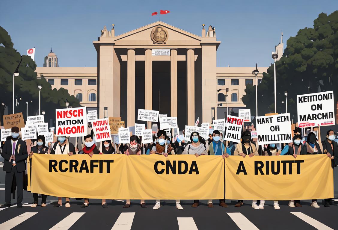 A diverse group of protesters holding signs and banners with slogans against corruption, in front of the closed gates of the National Assembly, wearing casual clothes representing various styles and backgrounds, urban setting..