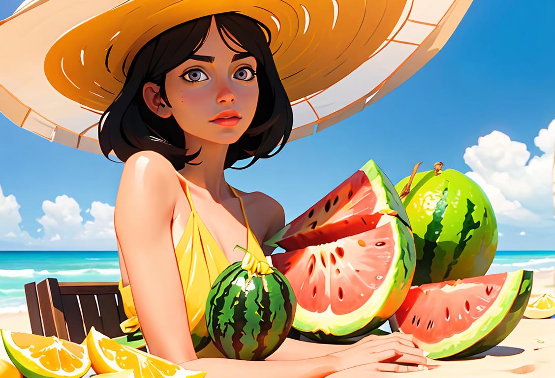 A person holding a sliced lemon and a sliced watermelon, wearing a sun hat, beach fashion, tropical beach setting..