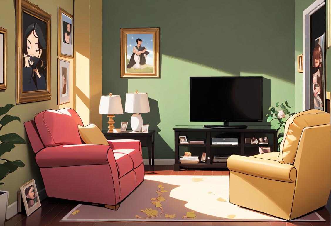 A diverse group of people surrounded by TVs showing various genres of shows, wearing comfy loungewear, in a cozy living room setting..