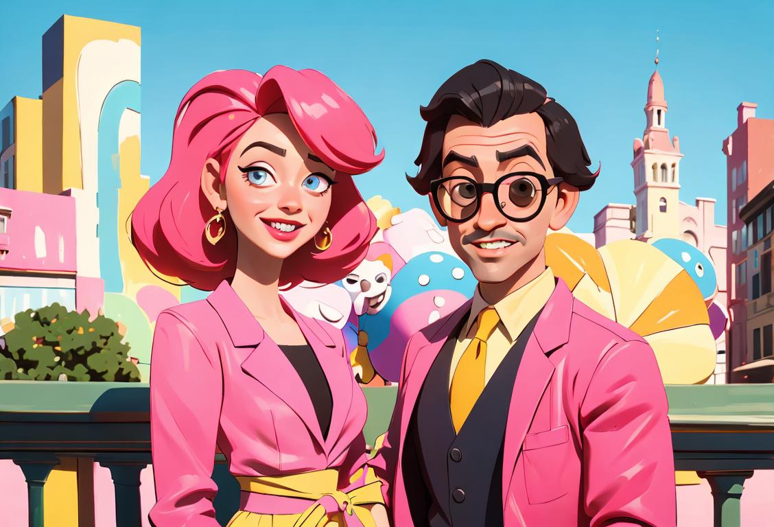 Cheerful couple in fashionable attire enjoying a sunny day, with vibrant background and eclectic urban cityscape..
