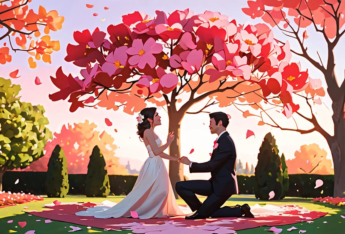 Joyful couple under a blooming tree, romantic outfits, sunset backdrop. Flower petals fall in a beautiful garden, setting the stage for National Proposal Day..