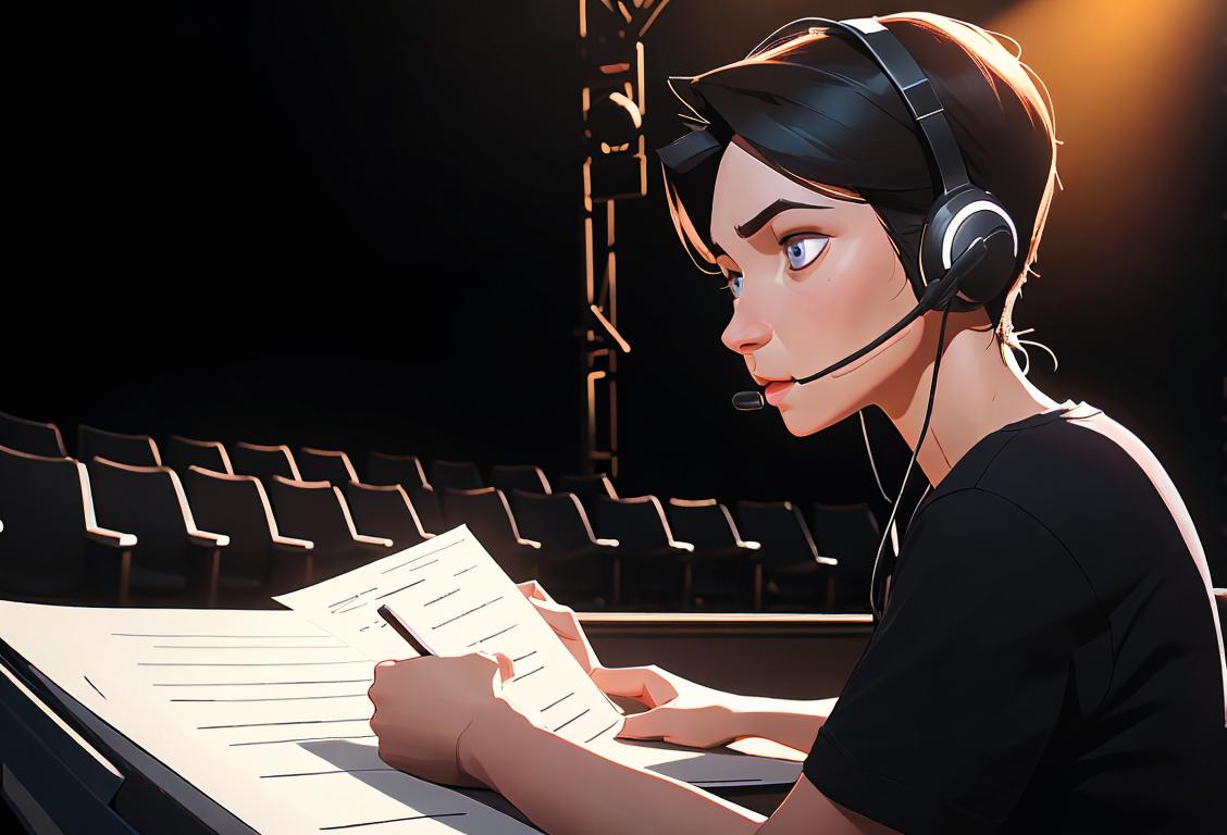 A stage manager with a headset, wearing a black t-shirt, multitasking backstage, in a bustling theater environment..
