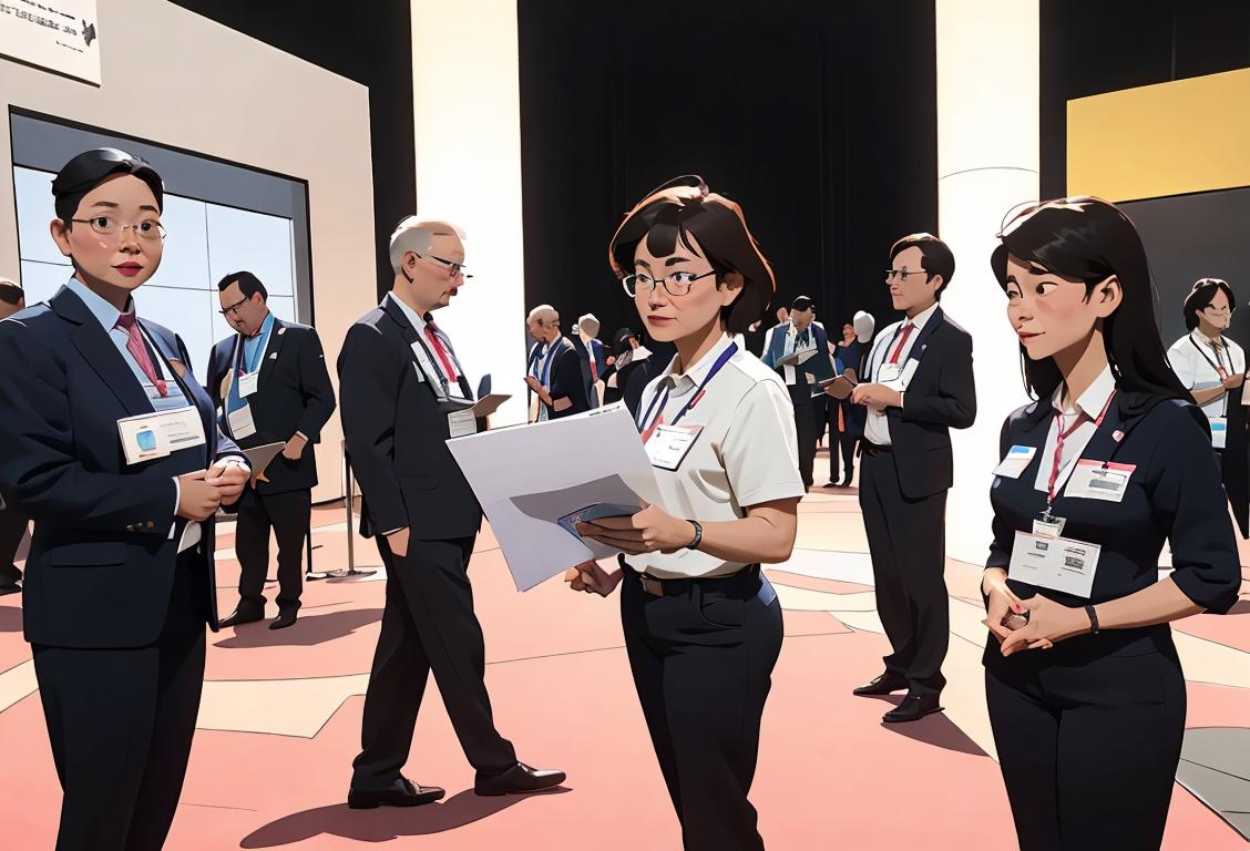 A diverse group of people wearing name badges, gathered around convention booths, holding pamphlets and wearing professional attire..