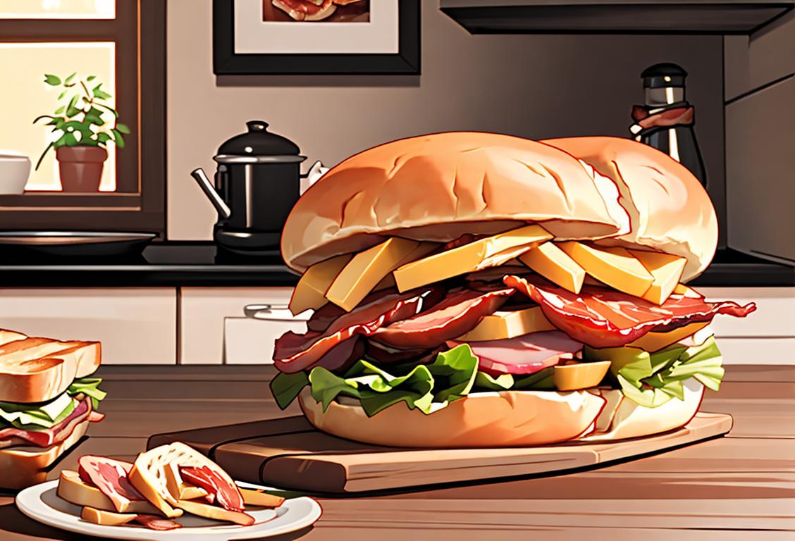 A sizzling bacon sandwich held in a pair of hands, surrounded by a cozy kitchen atmosphere with rustic decor..