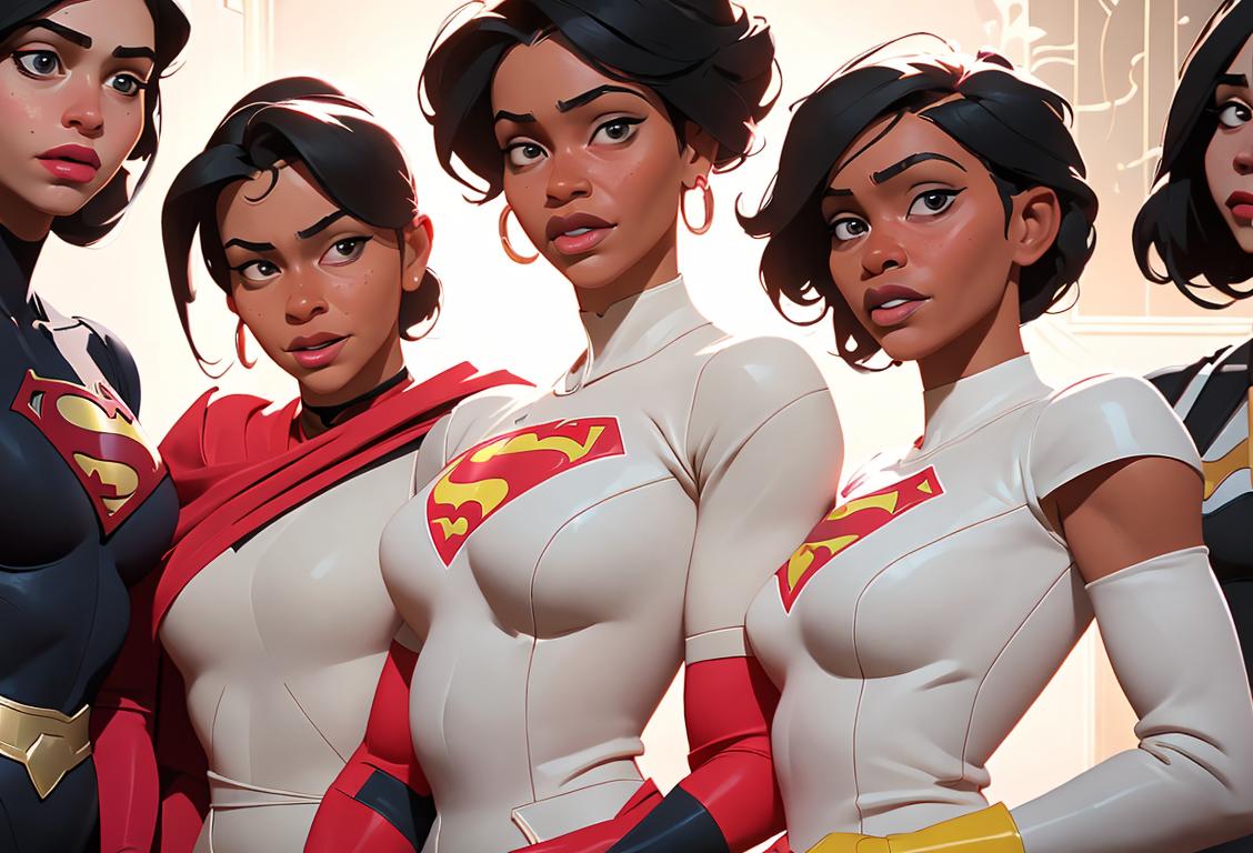 A group of diverse women holding hands, dressed in superhero-themed outfits, surrounded by symbols representing motherhood and liberation..