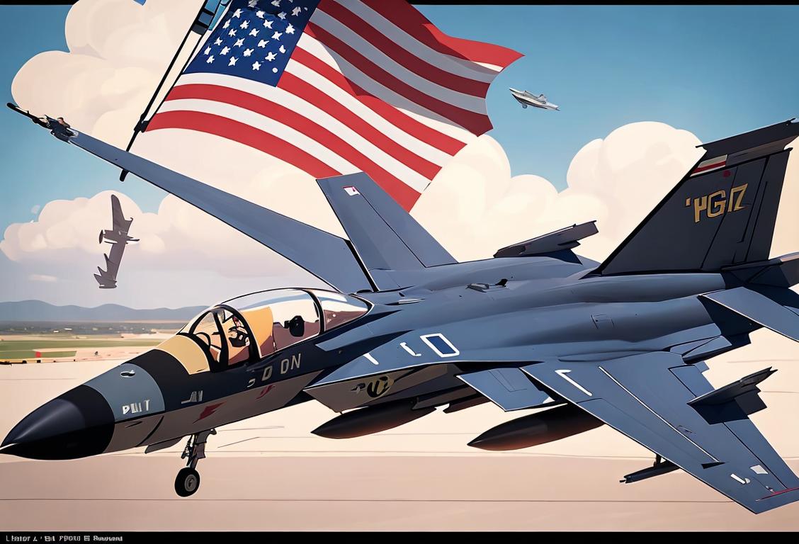 A cool pilot in aviator sunglasses, flying a fighter jet with flags of different countries in the background..