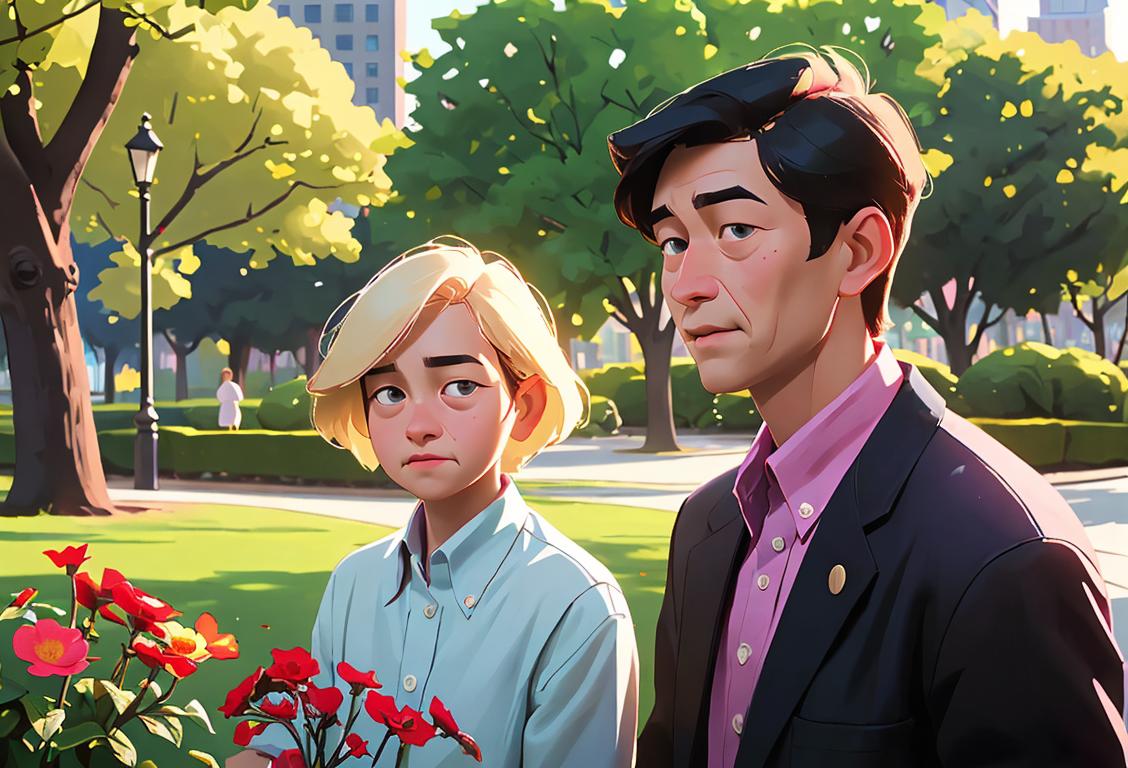 Young person with flowers, wearing a button-down shirt, modern city park setting, showing respect towards their parents..