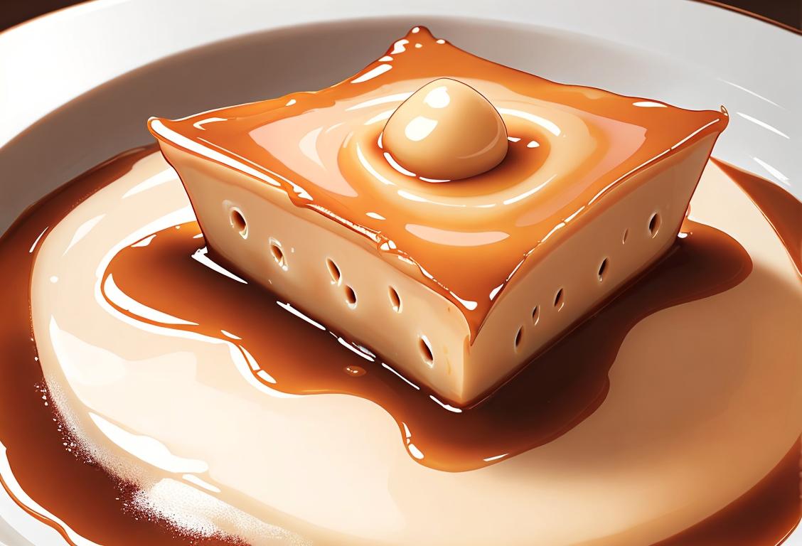 Close-up of a creamy, caramel flan with a delicate drizzle, surrounded by elegant dessert forks and a subtle Spanish decor..