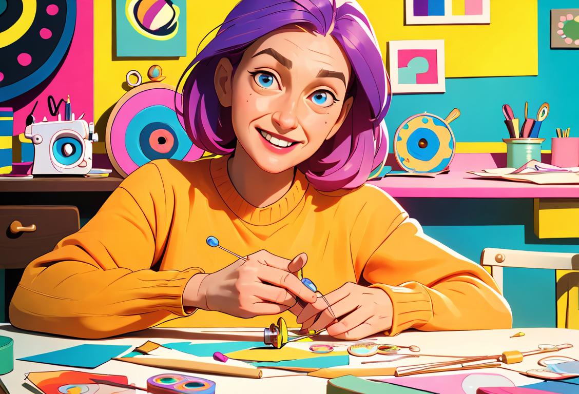 A cheerful person wearing a colorful sweater, sitting at a cozy crafting table surrounded by sewing supplies and a vibrant array of threads..