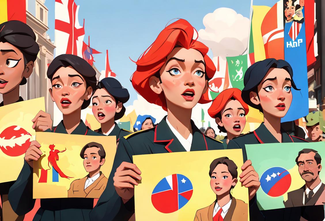 A group of diverse people engaged in a parade, wearing vibrant costumes, holding posters, celebrating National Propaganda Day in a lively city setting..