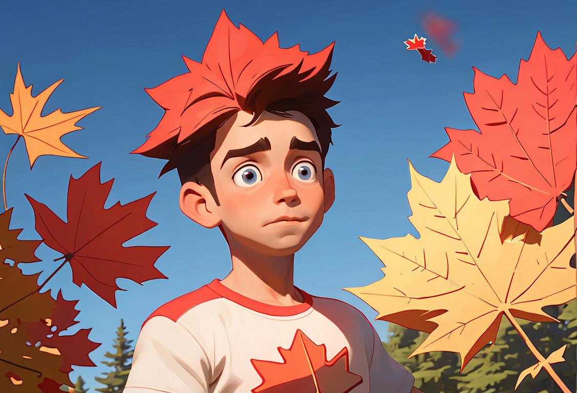 Young boy waving a Canadian flag, wearing a maple leaf t-shirt, surrounded by scenic Canadian nature..